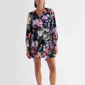 Express NWOT Floral V-Neck Long Sleeve Tie Waist Mini Dress